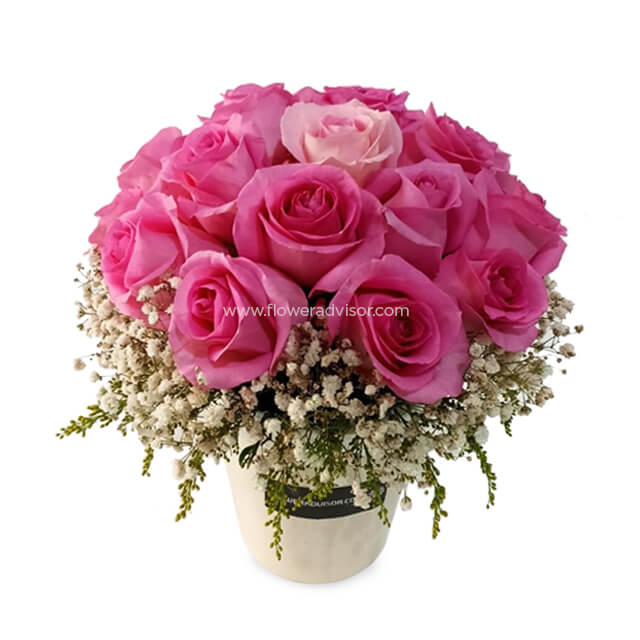 Vase Arrangement of 12 Pink Roses - Blossom Beauty - Table Flowers