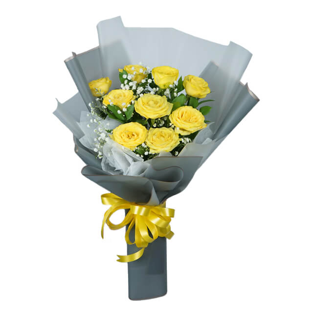 9 Yellow Roses Bouquet - Wonder Yellow Luster Rose - Hand Bouquets