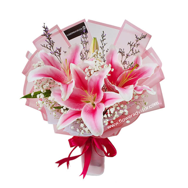 3 Lilies Bouquet with Baby Breath - Harvest Bounty - Anniversary