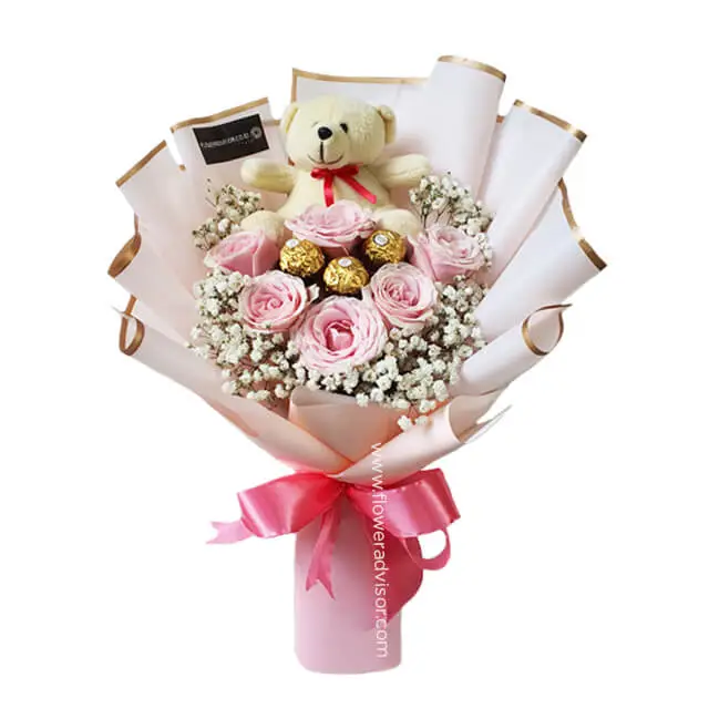 Romantic Pink Bouquet With Teddy Bear - Anniversary