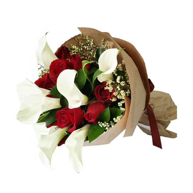 Mixed Red Roses and Calla Lilies Hand Bouquet - The Voice Within - Anniversary