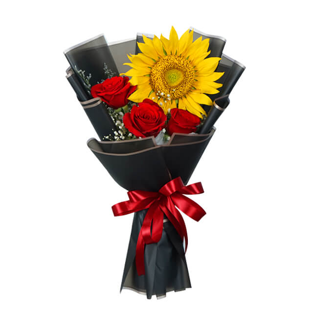 Sunflower Bouquet with 3 Red Roses - Sunrose Bloom - Birthday