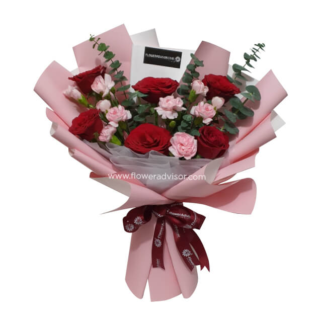 Elegance Flower - Red Roses Bouquet with Carnations - Anniversary