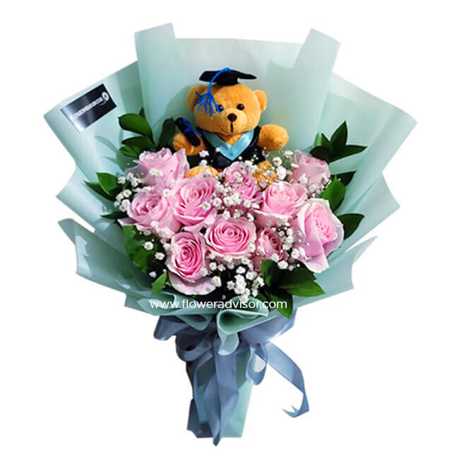 Pink Roses With Teddy Bear - Purple Tale - Congratulations