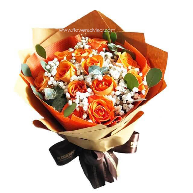 12 Orange Roses Bouquet - Charming - Hand Bouquets