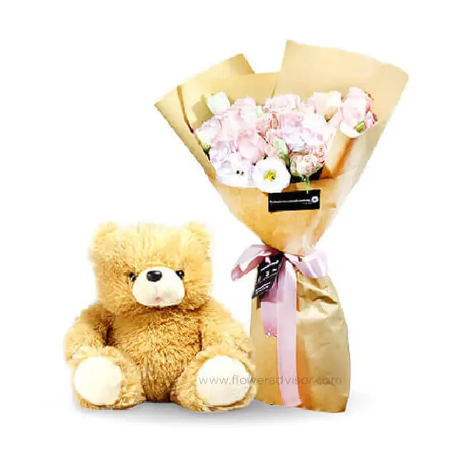 Pink Roses Bundle with Teddy Bear - Sweet Day