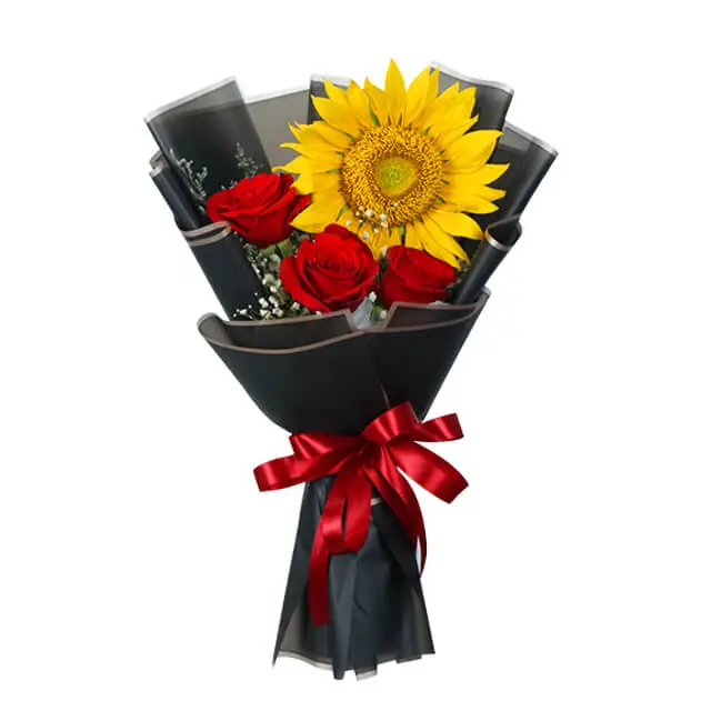 Sunflower Bouquet with 3 Red Roses - Sunrose Bloom