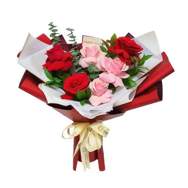 3 Red Roses 3 Pink Roses and Silver Dollar Bouquet  - Juliet