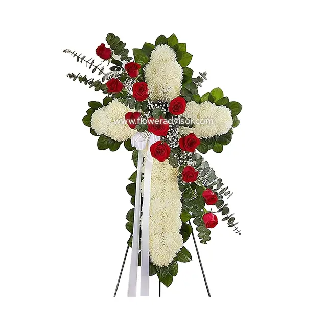 Red & White Standing Cross With Red Rose Break