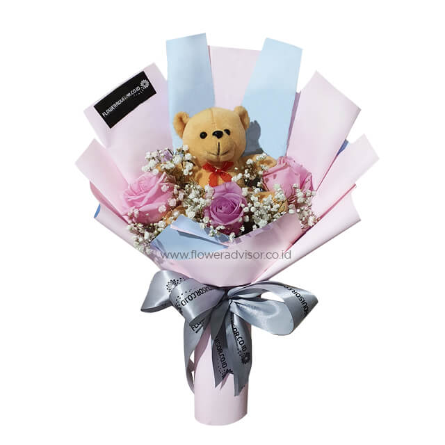 Pink Roses Bouquet with Teddy Bear - Violetta - Graduation