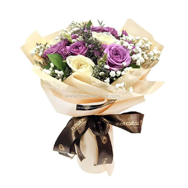 9 Purple and White Rose Bouquet - Anniversary